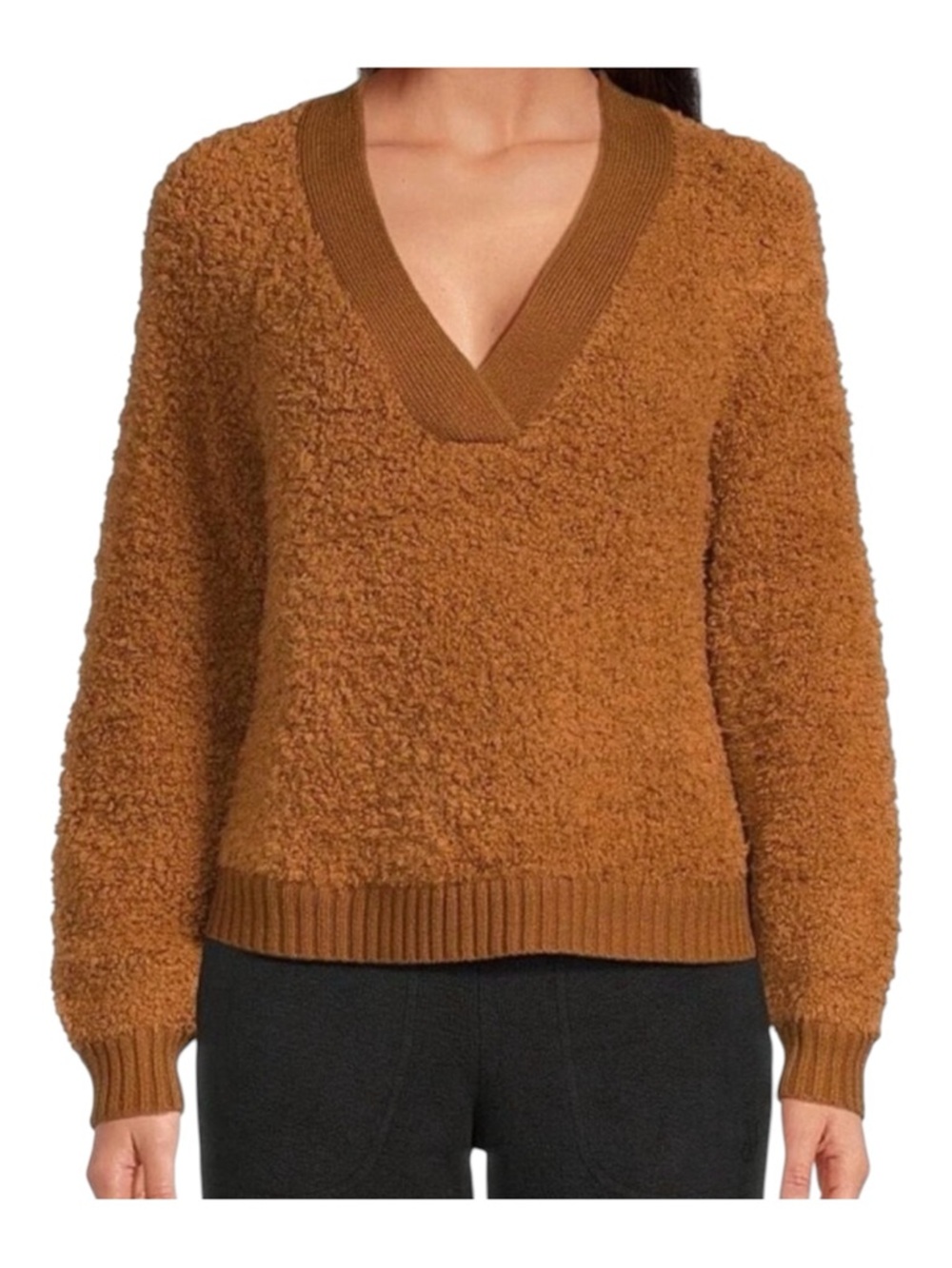 UGG Women's Deann Cloudfluff V-Neck Teddy Sweater - Hardwood Sz M Like New